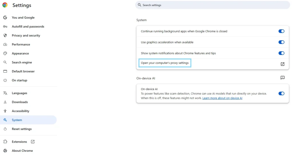 Opening the operating system proxy settings from Google Chrome's System settings.
