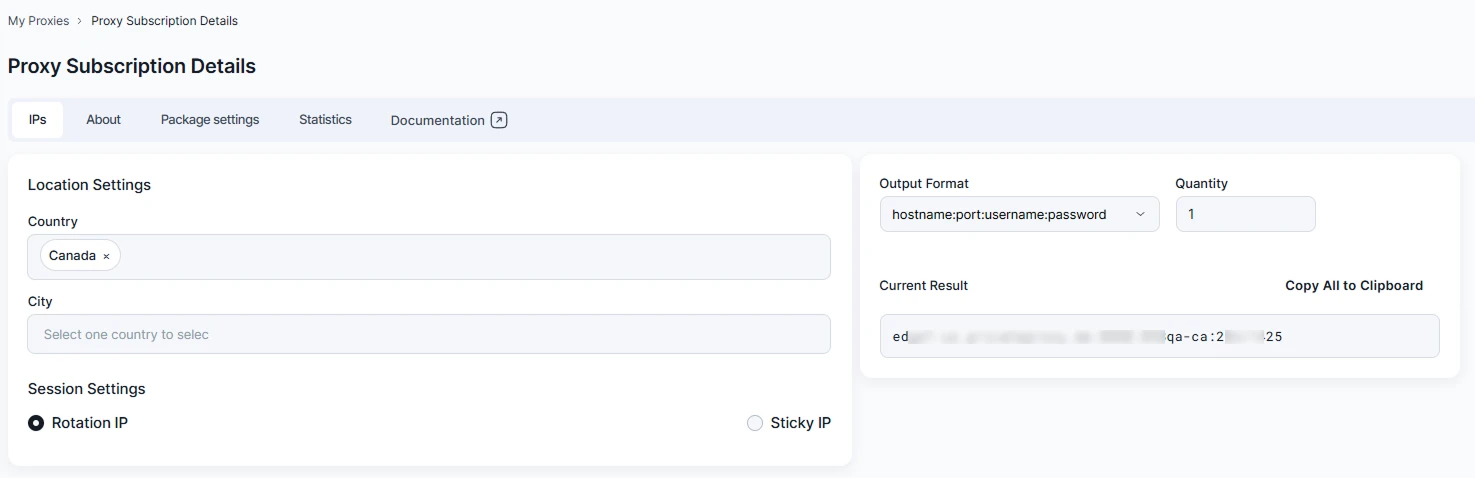 PrivateProxy dashboard showing residential proxy endpoint in hostname:port:username:password format with country and session settings